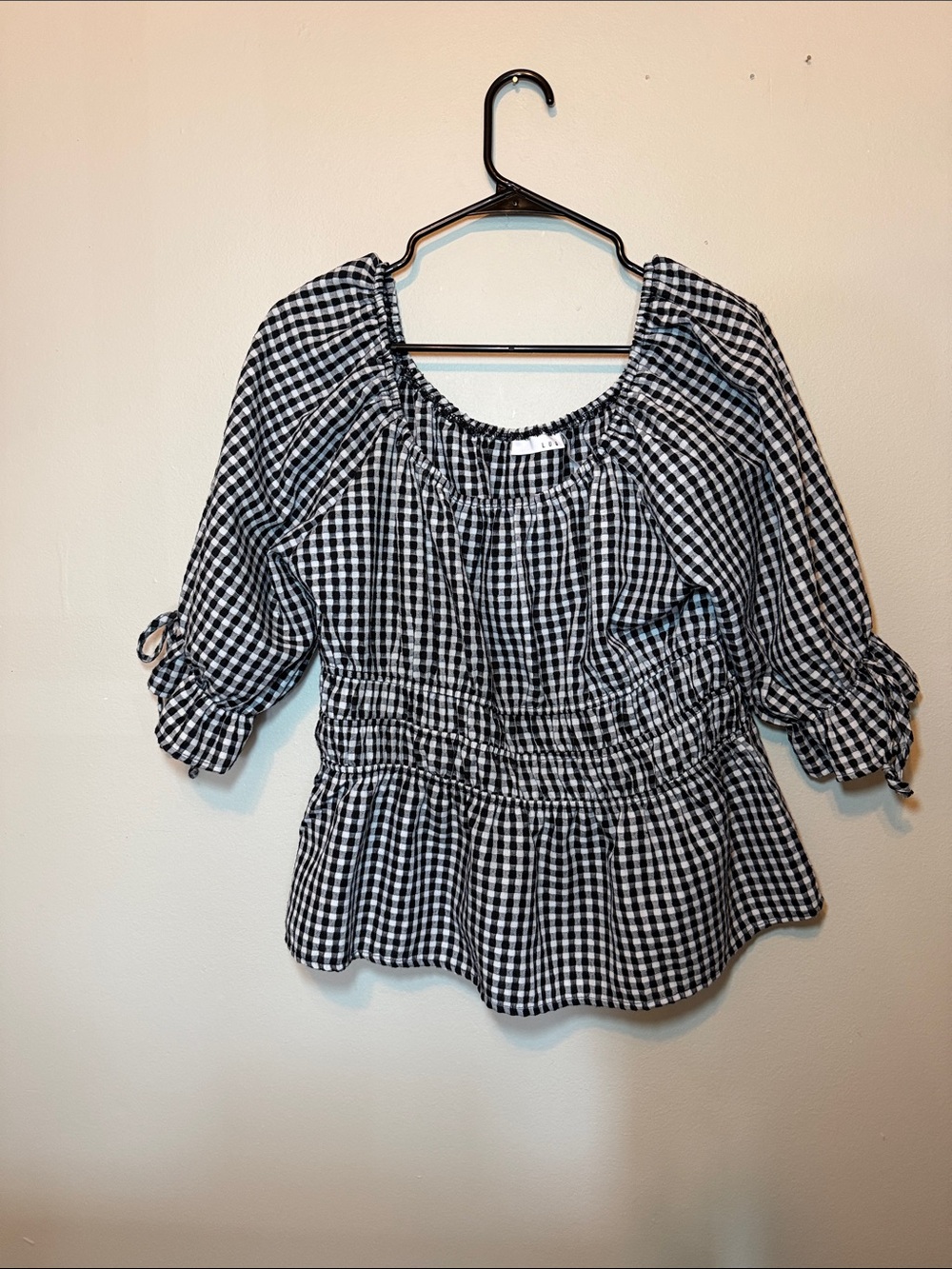 Black & White Gingham Peplum Blouse with Smocked Waist